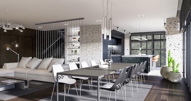 3D-rendering moderne luxe woon- en eetkamer interieurontwerp