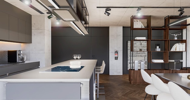 3D-rendering moderne luxe woonkamer eetkamer en keuken interieurontwerp