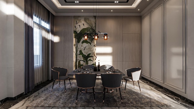 3D rendering moderne luxe woonkamer en keuken met eethoek interieur design