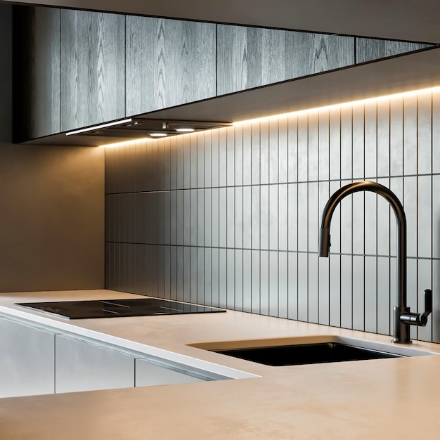 3D-rendering moderne minimalistische keuken set meubels interieur design