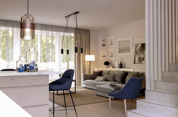 3D rendering moderne woonkamer en keuken interieur