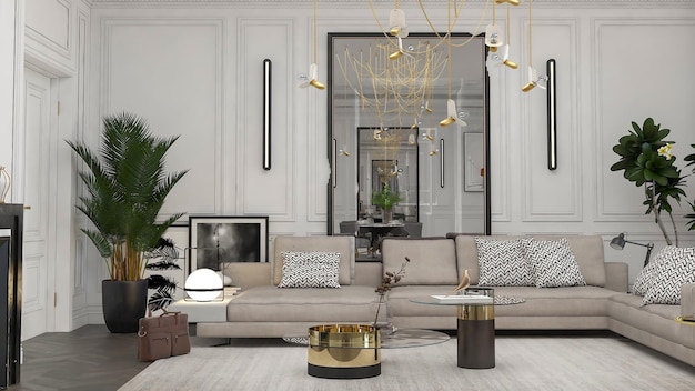 3D-rendering moderne woonkamer interieur scène