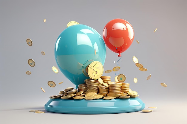 3D-рендеринг денег и иконки воздушного шара, концепция денежной инфляции изолированы на белом фоне 3D-рендеринг иллюстрации в мультяшном стиле