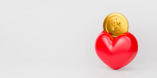 3d rendering of money box in red heart shape and a coin