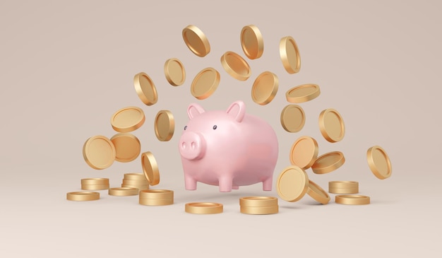 3D-рендеринг денежных монет с копилкой на фоне концепции сбережений, инвестиций. 3D визуализация иллюстрации.