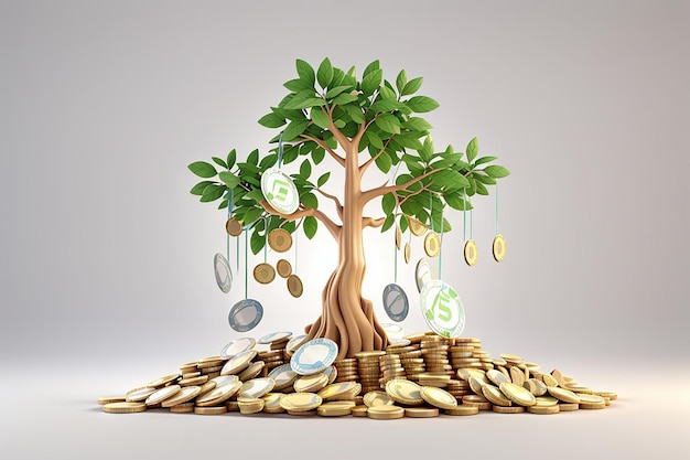 3d rendering of money tree concept of investment stock market isolated on white background 3d render illustration cartoon style