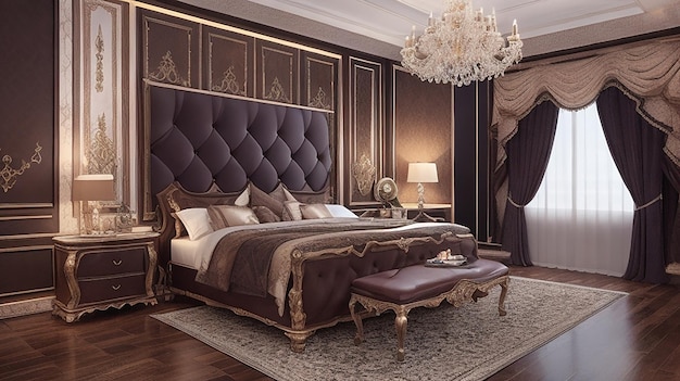 3D-rendering mooie luxe donkerhouten europese klassieke slaapkamersuite in hotel