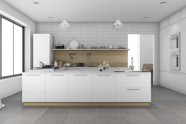 3D-rendering mooie tegel keuken met bakstenen muur