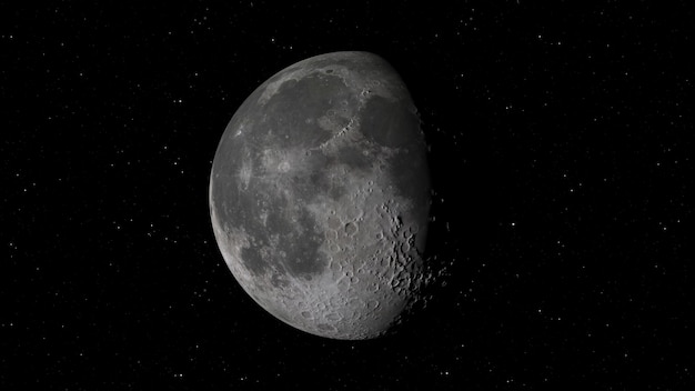 3D rendering of the Moon against the background of space with illuminated craters and lunar soil