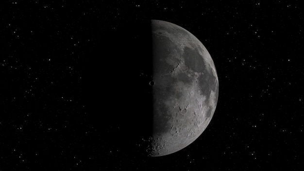 3D rendering of the Moon against the background of space with illuminated craters and lunar soil