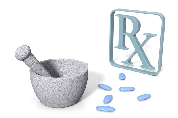 3d rendering mortar and pestle on white background with rx symbol