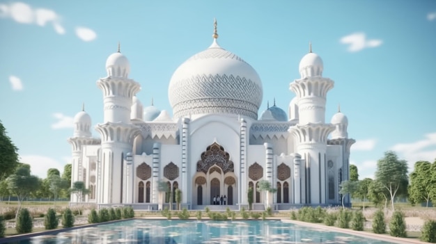 A 3d rendering of a mosque in a sunny day.