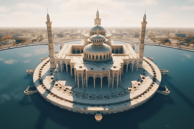 A 3d rendering of a mosque with a blue water and a large square in the middle.