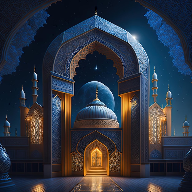 A 3d rendering of a mosque with a dome and a blue moon.