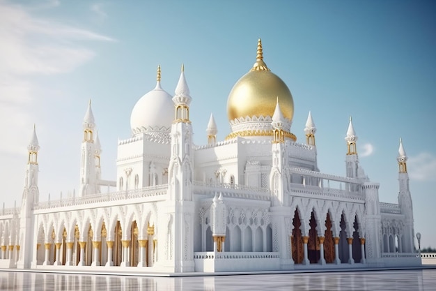 A 3d rendering of a mosque with a golden dome