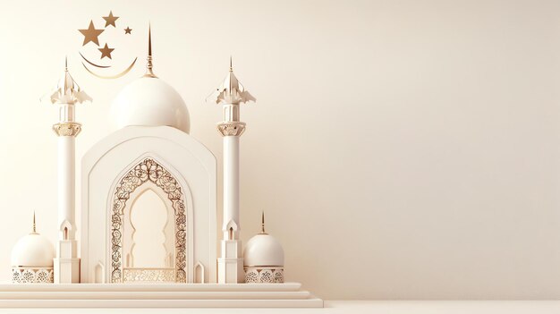 3D rendering of a mosque with intricate details The mosque is bathed in soft light creating a peaceful and serene atmosphere