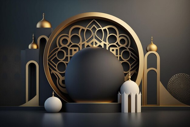 A 3d rendering of a mosque with a round dome and a large ball.