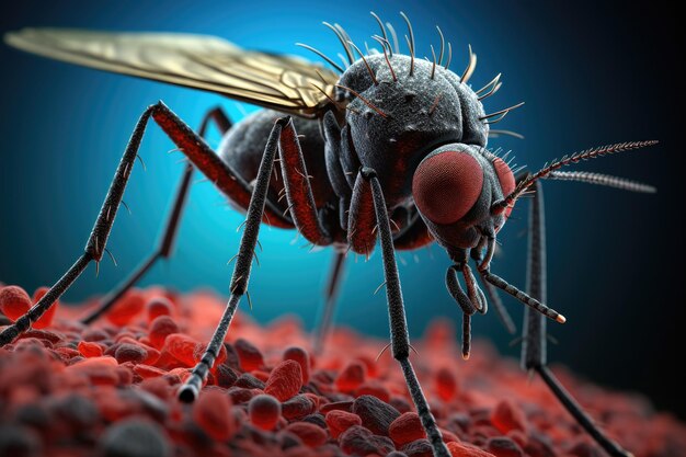 3d rendering of a mosquito with red blood cells in the background Microscopic image of a mosquito AI Generated