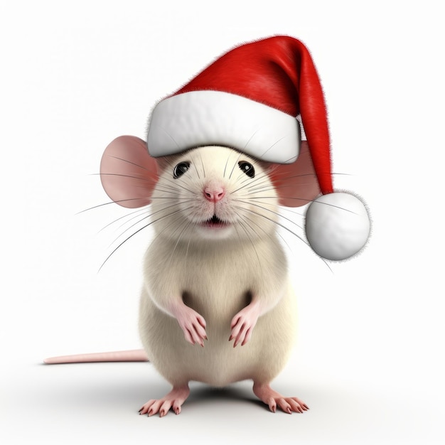 3D Rendering of Mouse with Red Nose and Santa Hat on White Background