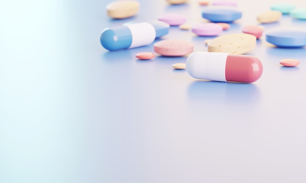 3d rendering Multi colored pills and capsules