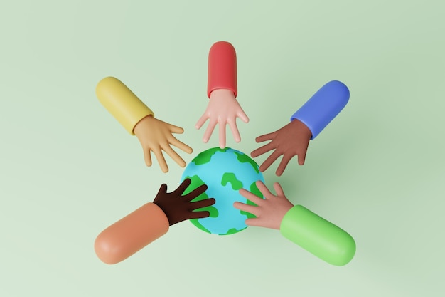 Фото 3d-рендеринг мультиэтнического разнообразия руки покрывают земной шар все спасают мир концепция