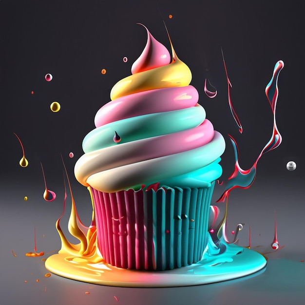 3d rendering of multi soft colored cup cake colfi water melting