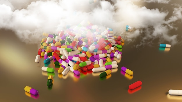 Фото 3d-рендеринг разноцветных медицинских таблеток, падающих из грозовой тучи