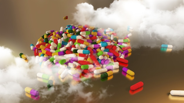 3D rendering multicolored medical pills falling from a thundercloud