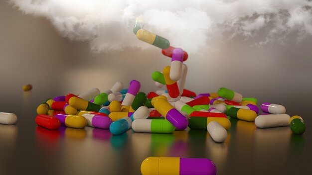 Photo 3d rendering multicolored medical pills falling from a thundercloud