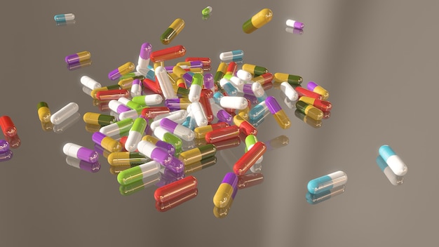 3D rendering multicolored medical pills falling from top to bottom