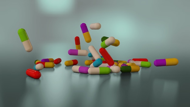 3D rendering multicolored medical pills falling from top to bottom