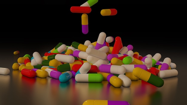 3D rendering multicolored medical pills falling from top to bottom