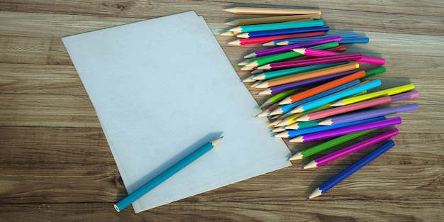 3D rendering of multicolored pencils, a blank page on a blue background