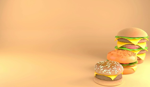 3D rendering multiple size of hamburger 3D illustration fast food concept and copy space