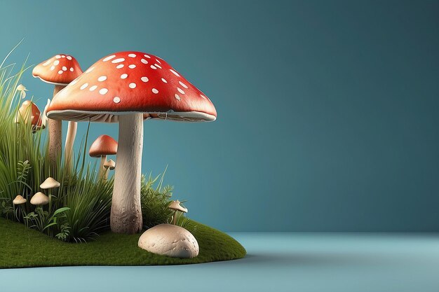 3d rendering of mushroom and grass on background with copy space banner3d render illustration