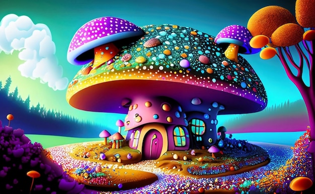 Photo 3d rendering of mushroom house in the fairy forest