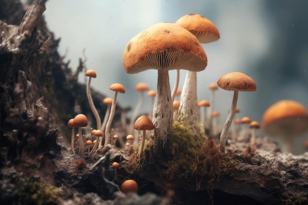 A 3d rendering of a mushroom with a tree stump in the background.
