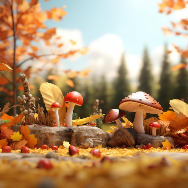 3d rendering of mushrooms in the autumn forest