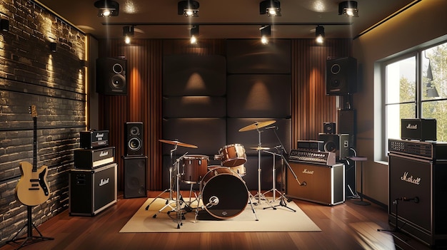 3d rendering of music recording studio with drum set and lighting equipment