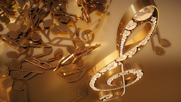 3D rendering of a musical treble clef and falling notes