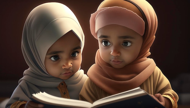 3D Rendering of Muslim Children Reading the Quran