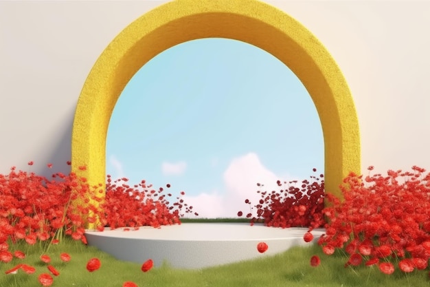 3D rendering of a natural podium with a stone base surrounded by yellow and red flowers grass