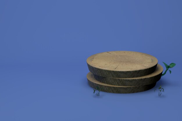 3d rendering natural wooden stand on blue background