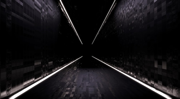 3d rendering neon light sci fi background Abstract brick wall corridor tunnel