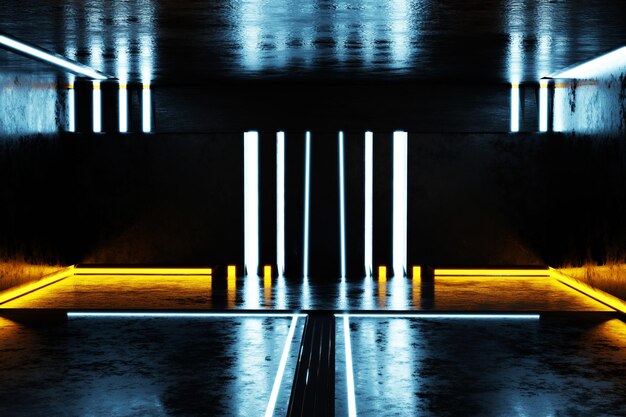 Фото 3d-рендеринг неоновые огни сияют синим цветом в подвале черный бетонный пол абстрактное будущее современная пустая комната