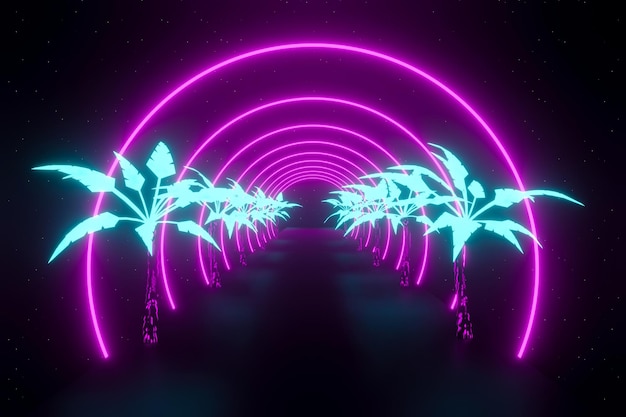 3d rendering. Neon party 80s retro wave seamless loop background abstract. Cyberpunk city of the 1980s style. Tunnel light.