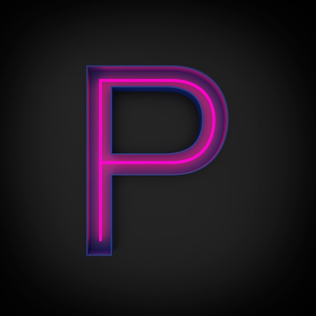 Photo 3d rendering, neon red capital letter p lighted up, inside blue letter.