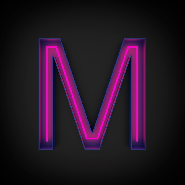 3D-rendering, neon rode hoofdletter M verlicht, in blauwe letter.