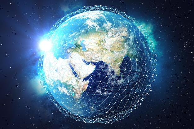 3D-rendering Netwerk- en gegevensuitwisseling over de planeet aarde in de ruimte. Verbindingslijnen rond Earth Globe. Blauwe zonsopgang. Wereldwijde internationale connectiviteit. Elementen van deze afbeelding geleverd door NASA