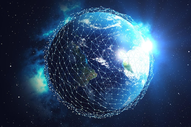 3D-rendering Netwerk- en gegevensuitwisseling over de planeet aarde in de ruimte. Verbindingslijnen rond Earth Globe. Blauwe zonsopgang. Wereldwijde internationale connectiviteit. Elementen van deze afbeelding geleverd door NASA
